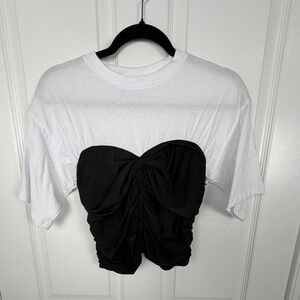 White T-Shirt with Black Ruched Corset Overlay Layered Bustier Top Size L